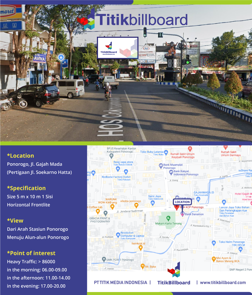 Sewa Billboard Ponorogo Jl. Gajah Mada di Pertigaan Jl. Soekarno Hatta